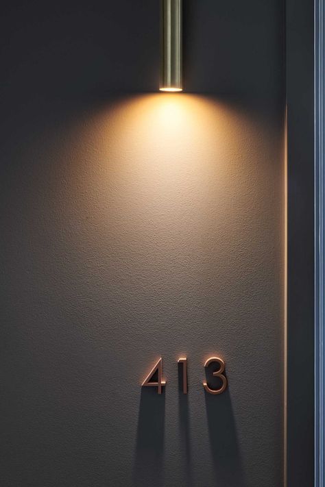 Apartment Door Number Ideas, Room Signage Design, Apartment Number Sign, Prince Design, Design Anthology, Hotel Corridor, Corridor Design, Signage Signs, Wayfinding Design