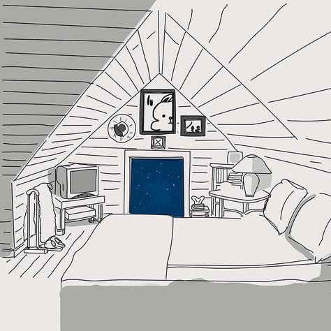 'Here up On The Attic' by Thezar Prasetya - Illustration from Indonesia Attic Drawing, Corner Drawing, Small Attic, Portfolio Images, Interior Sketch, Wall Drawing, Attic Bedroom, The Attic, Cool Art Drawings