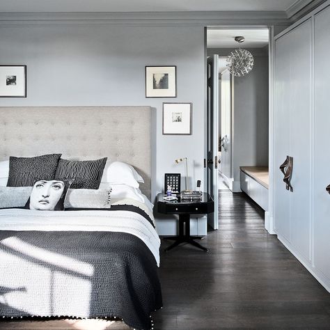 Black White and Grey Bedroom - Simple Interior Design for Bedroom Check more at http://jeramylindley.com/black-white-and-grey-bedroom/ Grey Wood Floors Bedroom, Floor Bedroom Ideas, Bedroom Wood Floor, Dark Wood Bedroom, Dark Wood Bed, White Wood Floors, Grey Bedroom Decor, Grey Wood Floors, White Bedroom Decor