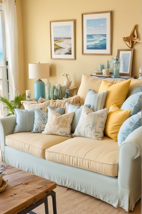 Blue Couch And Yellow Pillows, Light Yellow Couch, Yellow Walls Blue Couch, Blue Couch Yellow Pillows, Light Yellow Living Room, Blue Sofa Yellow, Yellow And Blue Coastal Living Room, Yellow And Blue Living Room, Blue And Yellow Living Room