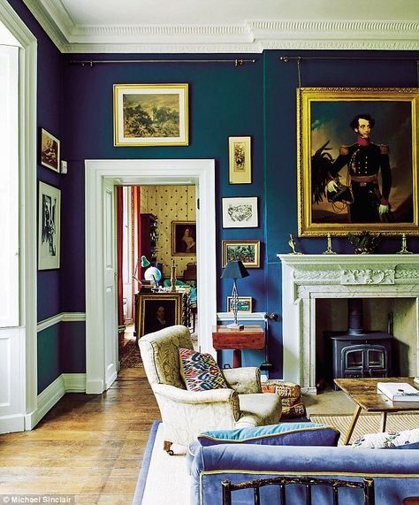 The family portraits and walls in Farrow & Ball Hague Blue add gravitas to the library, wh... French Blue Room, Colorful Cottage Living Room, Victorian Inspired Bedroom, Emma Grant, Blue Interiors, Monday Inspiration, Interior Design Courses, Blue Room, Up House