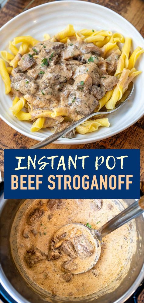 Creamy beef stroganoff cooked in an instant pot. Made of cream of mushroom soup and sour cream. Serve with egg noodles, pasta, rice or mash potatoes. Beef Egg Noodles, Instant Pot Beef Stroganoff, Casserole Beef, Potted Beef, Stroganoff Recipe, Cream Of Mushroom, Instant Pot Dinner Recipes, Insta Pot, Beef Stroganoff