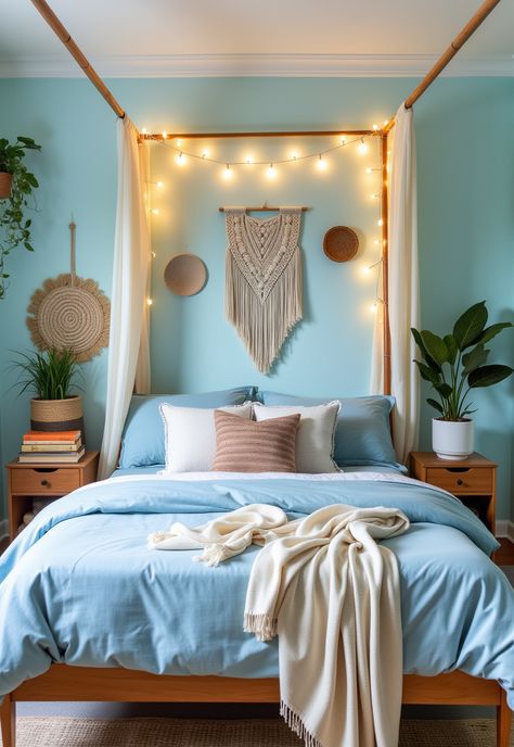 Light Blue Boho Bedroom Boho Bedroom On A Budget, Light Blue Boho Bedroom, Blue Boho Bedroom Ideas, Blue Boho Bedroom, Light Blue Bedding, Light Blue Bedroom, Diy Macramé, Bedroom On A Budget, Light Blue Walls