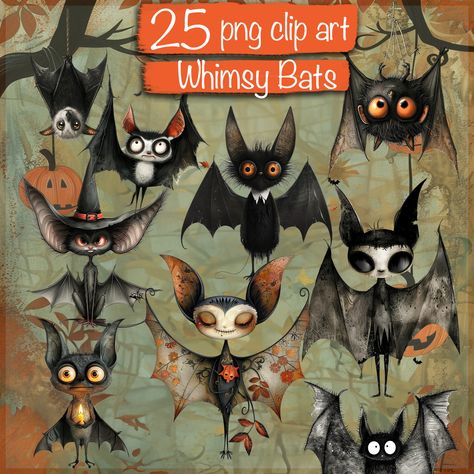 Bat Clipart, Bat Illustration, Halloween Clips, Collage Book, Whimsical Halloween, Card Printing, Cute Bat, Quirky Art, Halloween Bat