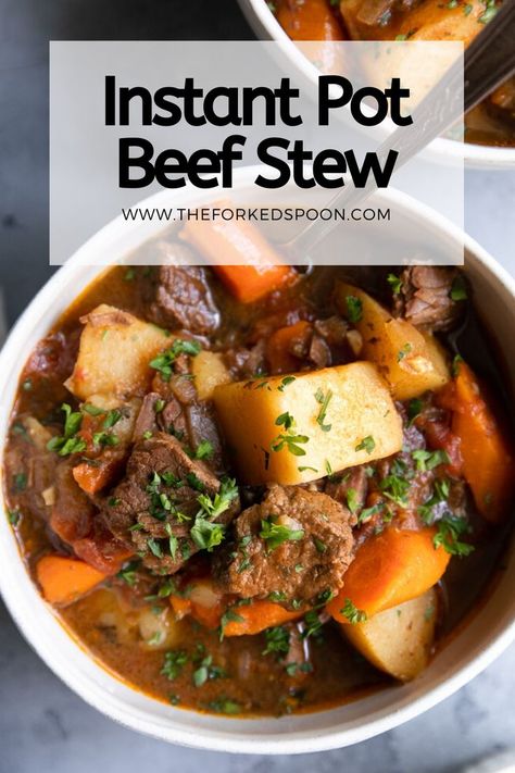 Instant Pot Beef Stew is a classic recipe. Packed with tender beef chuck, Yukon gold potatoes and lots of veggies like carrots and onions this Instant Pot Beef Stew takes less than an hour to cook until the meat is tender. The perfect cozy, comforting one-pot family meal for winter. #stew #instantpot #beefstew Tender Beef Stew, Traditional Homemaking, Vintage Skills, Pressure Cooker Beef Stew, Instant Pot Beef Stew, Moms Recipes, Guinness Beef Stew, Pot Beef Stew, Vegetable Beef Soup