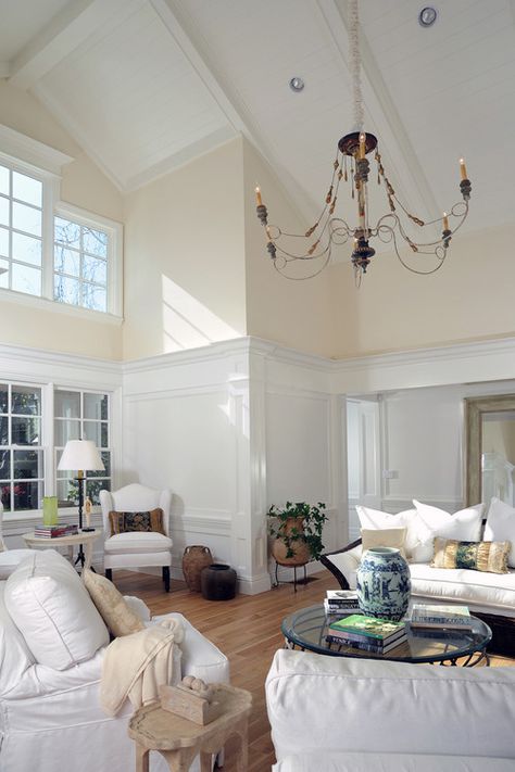 Wainscoting Living Room, Georgiana Design, Wainscoting Kitchen, Faux Wainscoting, Wainscoting Bedroom, Vaulted Ceiling Living Room, Wainscoting Styles, White Wainscoting, High Ceiling Living Room