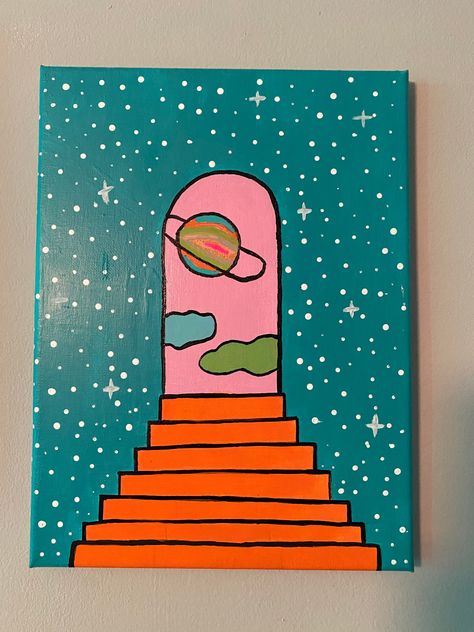 A canvas painting of a door to space Weird Canvas Art, Simple Space Painting Ideas, Paintings With Paint Markers, Stop Light Painting, Simple Space Painting, Painting Ideas Small Canvas, Space Painting Easy, Cute Simple Painting Ideas, Easy Things To Paint For Beginners