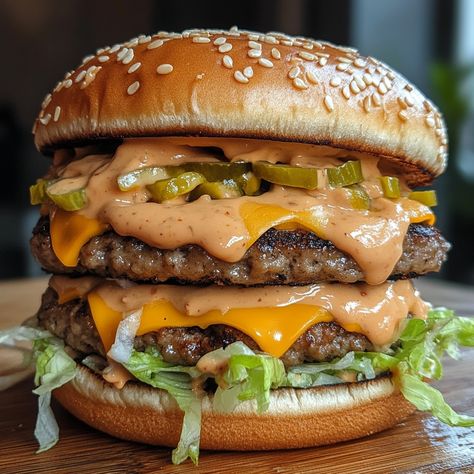 🍔 Homemade Big Mac with Special Sauce 🧀 🕒 Preparation Time: 15 minutes 🍔 Cooking Time: 10 minutes 🍽️ Servings: 2 double burgers Ingredients: For the Burgers: 400g ground beef (80% lean, 20% fat) Salt and freshly ground black pepper to taste 4 slices American cheese 2 sesame seed burger buns 1 cup iceberg lettuce, shredded 8-10 dill pickle slices For the Homemade Big Mac Sauce: 1/2 cup mayonnaise 2 tbsp sweet pickle relish 1 tbsp yellow mustard 1 tsp white vinegar 1 tsp garlic powder 1 tsp o... Lettuce Burger, Lettuce Burgers, Homemade Big Mac Sauce, Sweet Pickle Relish, Homemade Big Mac, Big Mac Sauce, Double Burger, Dill Pickle Slices, Mac Sauce