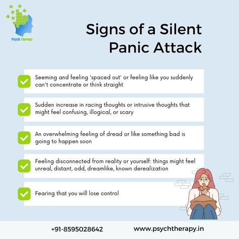 Signs of a silent panic attack!! www.psychtherapy.in +91-8595028642 #SilentPanicAttack #MentalHealthAwareness #AnxietyStruggles #PanicAttackSupport #InnerTurmoil #AnxietyAwareness #CopingWithAnxiety #MentalHealthMatters #YouAreNotAlone #SilentStruggles #AnxietyRelief #MentalWellbeing #OvercomingAnxiety #InnerCalm #PanicAttackAwareness Silent Panic Attack Signs, 5 Senses Panic Attack Symptoms, Panic Attack Symptoms, Racing Thoughts, Feeling Disconnected, Mental Health Awareness Month, Self Love Affirmations, Love Affirmations, Mental Health Matters