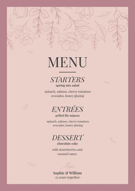 Pink Menu Template, Pink Menu Design, Pink Wedding Menu, Hosting Era, Menu Design Layout, Rehearsal Dinner Menu, Treat Business, Wedding Menus Design, Spring Mix Salad