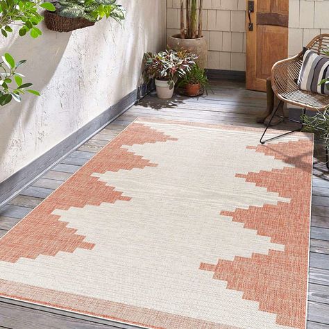 Hauteloom Djugun Outdoor Area Rug - Outside Porch Patio Rug Carpet - Waterproof Rug - Geometric - Pink, Cream, Salmon, Beige - 7'10" x 10'2" Aztec Artwork, Waterproof Rug, Farmhouse Area Rugs, Patio Rug, Rose Cream, Moroccan Area Rug, Outdoor Setting, Deck Ideas, Indoor Outdoor Rug