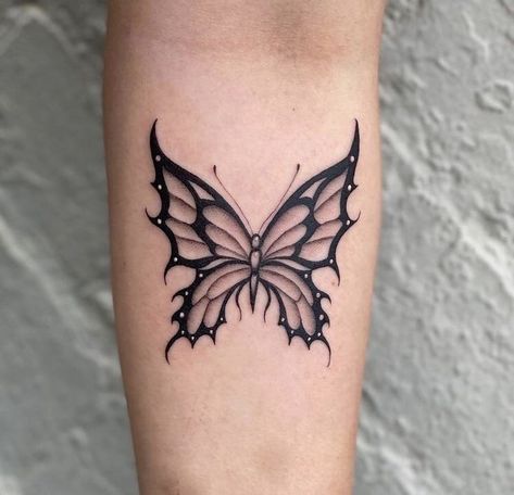 Spike Butterfly Tattoo, Goth Butterfly Tattoo, Edgy Butterfly Tattoo, Gothic Butterfly Tattoo, Tato Grunge, Butterfly Tattoo Cover Up, Black Butterfly Tattoo, Gothic Butterfly, Unique Butterfly Tattoos