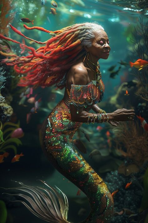 Black Mermaid Aesthetic, Mermaid Webtoon, Black Mermaid Art, Old Mermaid, Black Mermaids, Gothic Mermaid, African Mermaid, Mermaid Goddess, Black Siren