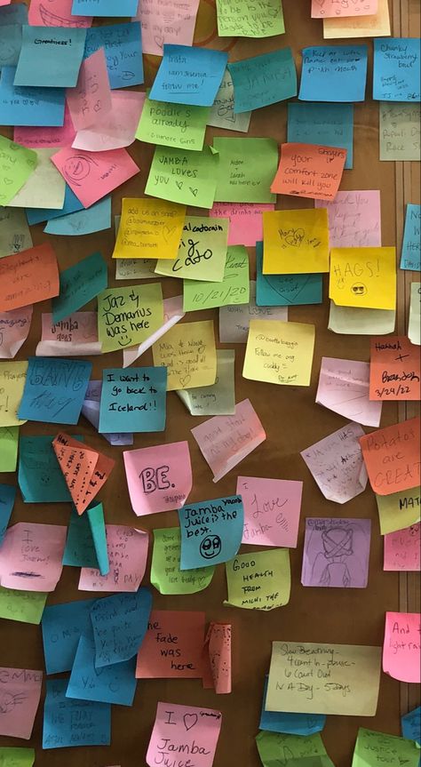 Jamba juice sticky note wall Sticky Note Wall, Sticky Note Aesthetic, Note Aesthetic, Dystopian City, Spring Events, Jamba Juice, Room Aesthetics, Spring Event, Sticky Note