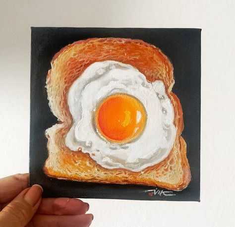 Egg Painting Canvas, Food Art Painting Acrylic, Small Oil Paintings, Food Painting Acrylic, Fried Egg Painting, Toast Painting, Paints Acrylic, Food Art Painting, Apartment Art