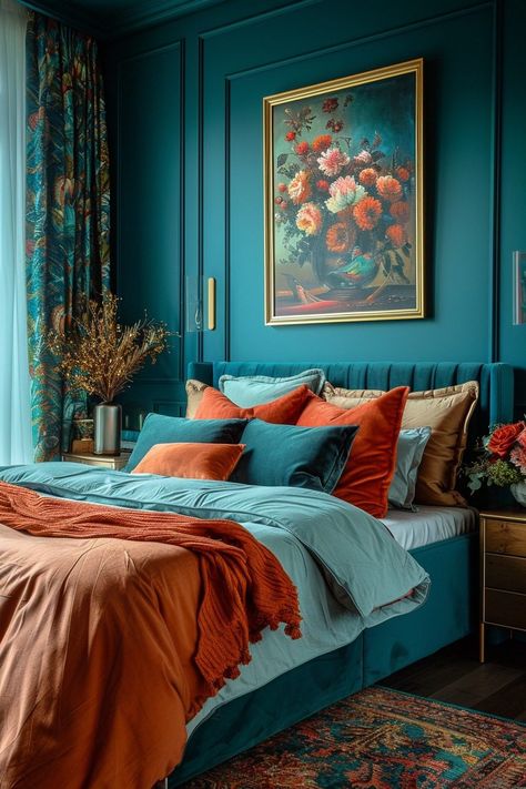 29 Dark Teal Bedroom Ideas to Create a Tranquil and Luxurious Retreat 3 Teal Accent Wall Bedroom, Orange And Teal Bedroom, Dark Teal Bedroom Ideas, Dark Teal Bedroom, Maximalist Bedroom Ideas, Jewel Tone Bedroom, Peacock Bedroom, Teal Bedroom Ideas, Bedroom Teal