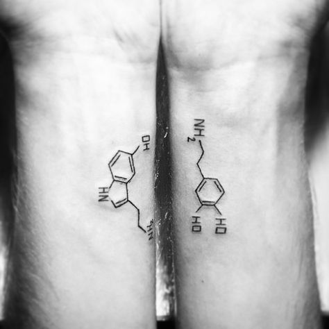 Bee Dopamine Tattoo, Dopamine Serotonin Adrenaline Tattoo, Floral Serotonin Molecule Tattoo, Chemical Symbol For Serotonin, Serotonin Chemical Structure Tattoo, Dopamine Tattoo, Tattooed Teacher, Relationship Tattoos, Elements Tattoo