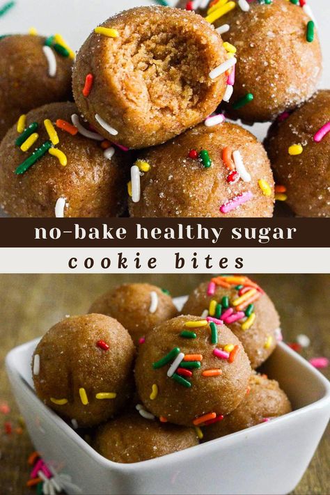 These no-bake sugar cookie bites are the perfect healthier sweet treat during the holiday season. No need for any oven or butter- they will satisfy that sweet craving in no time! Healthy Option Desserts, Healthy Dessert Recipes For Christmas, Healthier Sweet Snacks, Healthy Whole Food Desserts, Raw Desserts Healthy, Holiday Cookies Healthy, Whole 30 Snacks Desserts, Healthy Sweet Treat Recipes, Healthy Bday Treats