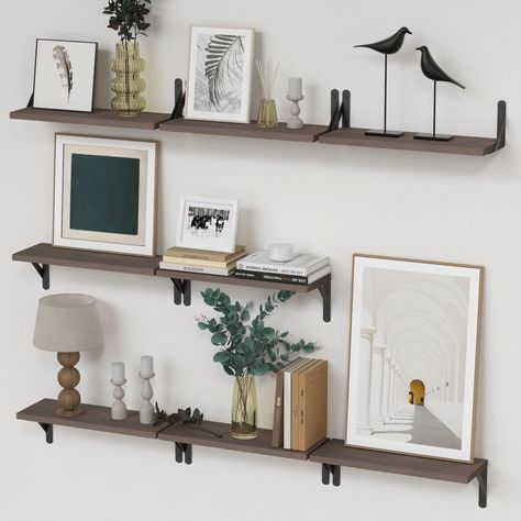 PRICES MAY VARY. 【Versatile Floating Shelves】- Unleash your inner designer! With our uniquely designed metal triangular brackets, the possibilities are endless. These brackets can be installed on the top or bottom of the shelf, offering flexibility in arrangement. With their clean and tidy appearance, they bring a touch of natural beauty to any space. 【Multi-Purpose Shelves】- Our floating wall shelves are the perfect addition to any room in your home. Whether it's the kitchen, living room, bedro Scattered Floating Shelves, What To Put On Shelves In A Bedroom, Wall Shelving Ideas, Hanging Wall Storage, Diy Wooden Shelves, Shelf For Wall, Storage For Bathroom, Wall Shelves Living Room, Sleek Interior