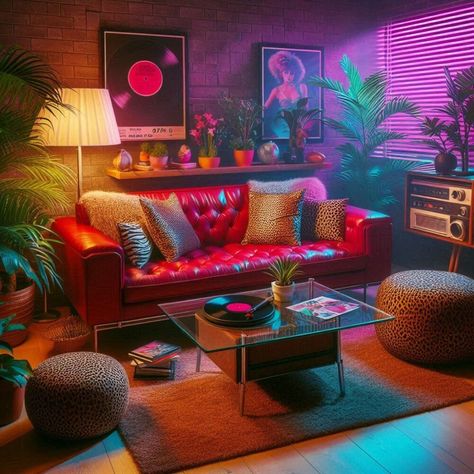 Think you know 1980s interior design? Think again. Join us as we explore the best design trends from this decadent decade... 80s Retro Interior, 80s Art Deco Bedroom, Vaporwave Interior Design, Modern 80s Interior Design, 90s Decor Interior Design, 80s Decor Interior Design, 80s Themed Bedroom, 80s Living Room Aesthetic, Trippy Living Room