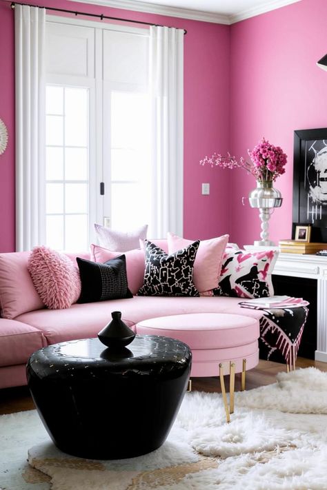 Create a bold and stylish living room with a black, white and pink color scheme. Find inspiration for furniture, accessories, and wall art that combines these contrasting colors for a dramatic yet elegant look. Black And White Living Room Decor, Bold Living Room, Pink Color Schemes, Pink Living Room, Stylish Living Room, Decor Black, Black White Pink, Black Decor, Furniture Accessories