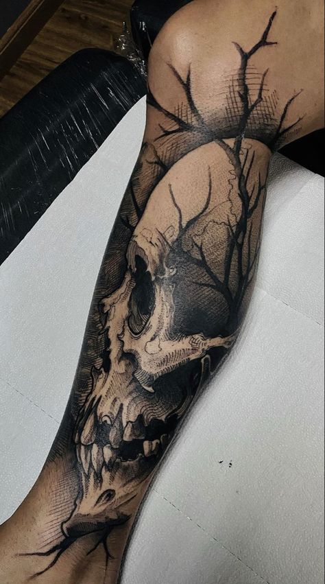 Creepy Calf Tattoo, Dark Leg Tattoos Men, Men’s Leg Sleeves, Men’s Leg Calf Tattoo, Calf Sleeves Tattoo, Skull Leg Tattoo, Lower Leg Tattoos For Men, Calf Sleeve Tattoo, Tree Sleeve Tattoo