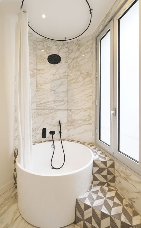 Circle Tub Bathroom, Round Tubs Bathroom, Round Bathtub Shower Combo, Round Tub Shower Combo, Circle Bathtub, Japanese Soaking Tub Shower Combo, Tub Shower Combo Remodel, Circle Bath, Soaking Tub Shower Combo