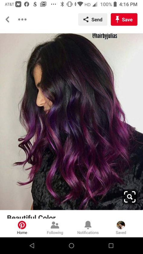 Colorful Balayage Brunette, Vivid Balayage Brunette, Purple Money Pieces On Dark Hair, Hair Strips Color Highlights, Black Hair With Dark Purple Money Pieces, Colored Ends Of Hair Brunettes, Eggplant Hair With Money Piece, Dark Brown Hair With Purple Ends, Purple Money Piece Hair