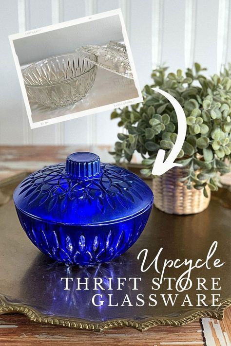 How to upcycle thrift store glass to make unique and stylish home decor. A quick and easy thrift store makeover. Pressed Glassware, Thrift Store Crafts Upcycling, Kids Craft Projects, Thrift Store Diy Projects, Aesthetic Craft, Kids Craft Ideas, Diy Candles Easy, Glass Aesthetic, Thrift Store Upcycle