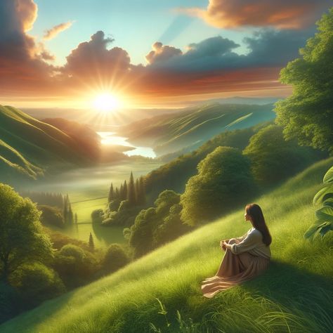 A serene and spiritual image depicting a person in a tranquil natural setting, embodying a spirit of thankfulness. The individual, a middle-aged Hispanic woman, is seen sitting peacefully on a lush green hillside, with her hands gently folded in her lap. The hill overlooks a breathtaking landscape with a radiant sunrise in the background, symbolizing hope and divine presence. The scene... Hope Images Pictures, Love In Bible, Peaceful Background, Best Prayers, Birthday Wishes For A Friend Messages, In The Presence Of God, The Presence Of God, Eden Garden, Presence Of God