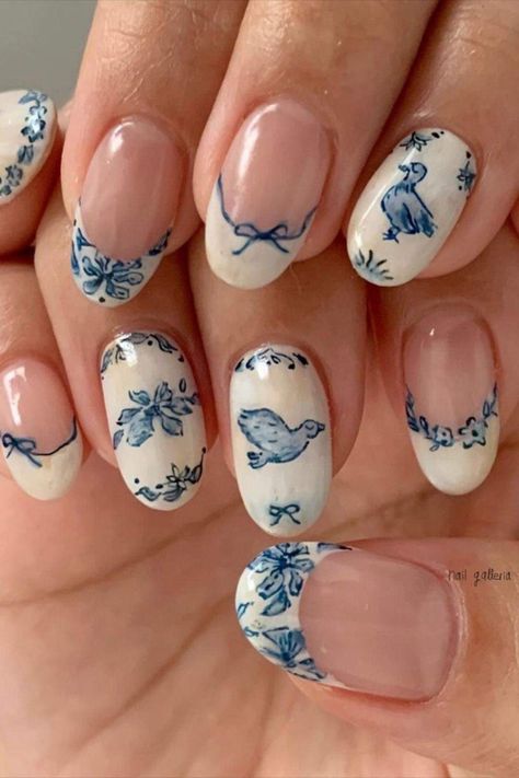 Acrylic Sky, Bird Nail Art, Blue Christmas Nails, Blooming Gel, Blue And White Nails, Nails Flower, Baby Blue Nails, December Nails, Blue Chrome