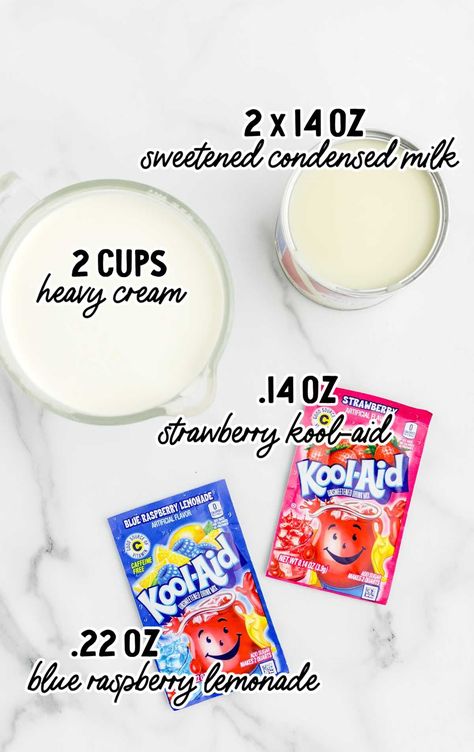 Kool Aid Sherbert, Kool Aid Ice Cream, Koolaid Recipes, Homemade Koolaid, Pop Cycles, Lemonade Ice Cream, Kool Aid Flavors, Blue Raspberry Lemonade, Sherbet Ice Cream