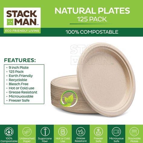 Amazon.com: 100% Compostable 9 Inch Paper Plates [125-Pack] Heavy-Duty Plate, Natural Disposable Bagasse Plate, Eco-Friendly Made of Sugarcane Fibers - Natural Unbleached Brown 9" Biodegradable Plate by Stack Man : Health & Household Compostable Utensils, Natural Plates, Full Meals, Food Plates, Disposable Bowls, Restaurants Food, Disposable Plates, Packing Design, Eco Friendly Living