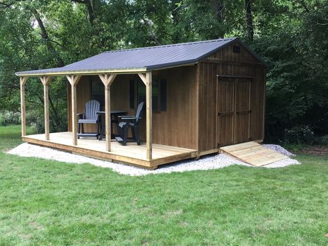 Delivered this week to Yorkville, IL.    12x20 side porch cabin with a balcony set of outdoor poly furniture!  A great way to update your backyard! Sheds Ideas Backyard, Amish Sheds, Cool Sheds, Log Cabin Sheds, Backyard Cabin, Shed With Porch, Yard Sheds, Backyard Storage Sheds, Free Shed Plans