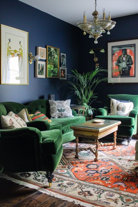 Discover 39+ Ways to Create a Refreshing Blue and Green Living Room Navy And Green Interior, Green Sofa Room Ideas, Deep Blue Living Room Walls, Green Couch Blue Walls, Blue Sofa Living Room Color Combinations, Navy And Green Living Room, Living Room With Green Sofa, Blue And Green Room, Snug Room Ideas