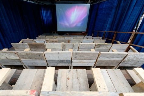 Sugarhouse Studios Pop Up Cinema & Workshop Encourages Community Interaction in London | Inhabitat - Sustainable Design Innovation, Eco Architecture, Green Building Cinema Ideas, Pop Up Cinema, Cinema Idea, Big Sheds, Open Air Cinema, Cinema Seats, Warehouse Design, Outdoor Cinema, Eco Architecture