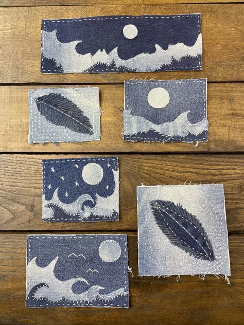 Intentional mending patches with iron on backing. Japanese Mending Sashiko, Visible Mending Jeans, Sashiko Jeans, Upcycle Pants, Visible Mending Stitches, Sashiko Mending, Jean Patches, Diy Iron On Patches, Recycling Jeans