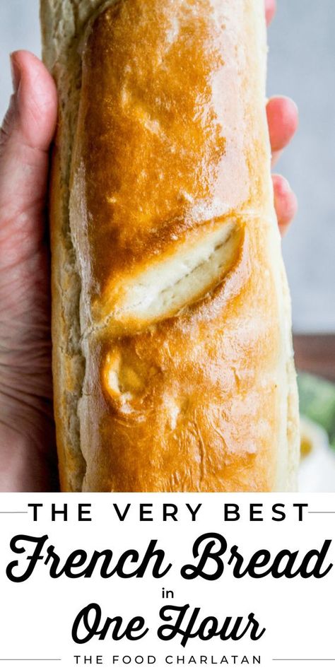 One Hour French Bread from The Food Charlatan. This delicious yeasty French bread recipe has only one 20-minute rise before going into a screaming hot oven for another 20 minutes. At the end you have golden crusty goodness just waiting to be slathered in butter or dipped in oil and balsamic! One hour, I promise!! #french #bread #homemade #easy #ideas #baguette #quick Bread Homemade Easy, Crusty French Bread Recipe, Easy French Bread Recipe, Crusty Bread Recipe, Italian Bread Recipes, Homemade French Bread, Baguette Recipe, French Bread Recipe, The Food Charlatan