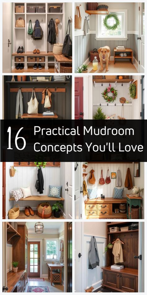 Get inspired with these 16 stunning mudroom ideas to keep your entryway stylish, functional, and organized. Mudroom Dresser Ideas, Corner Mud Room Ideas Entryway, Kitchen Mudroom Combo Layout, Mudroom Ideas Garage Entrance, Lake House Mudroom Ideas, Small Entry Organization, Mud Room Hallway Ideas, Elegant Mudroom Entryway, Mud Room With Desk