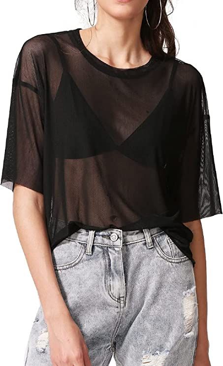 Haut Transparent, Plain Tunic, Sheer Mesh Top, Look Festival, Womens Summer Shorts, Boxy Top, Mesh Blouse, Half Sleeve Tops, Short Sleeve Shirt Women