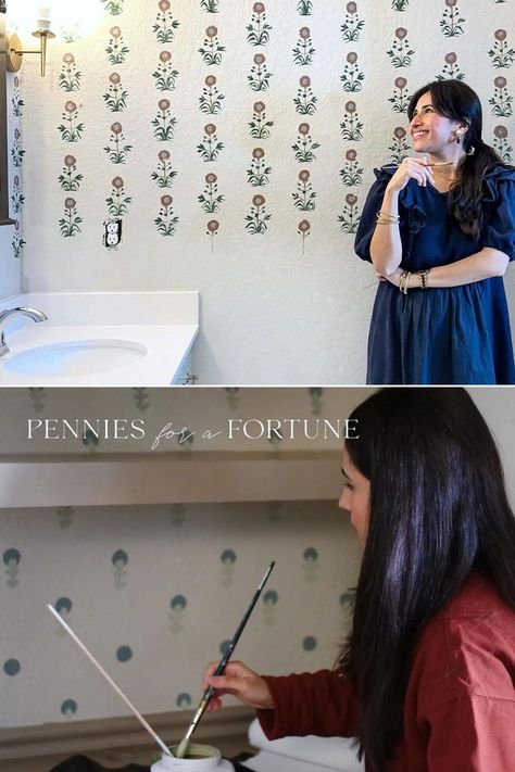 Want to create a unique accent wall, but don't how to start? In this post, I am going to show you how to do your own DIY hand-painted wallpaper which is the gateway to introducing colors and patterns into your space. Learn which tools you need to create a DIY hand-painted wallpaper and how to create a hand-painted pattern. This DIY wallpaper tutorial will help you learn how to pain some block print wallpaper! These are my tops tips for hand painting a wallpaper! Easy Hand Painted Wall Pattern, Stenciled Walls Ideas Bathroom, Diy Wall Stamp, Diy Wallpaper Paint, Diy Wall Pattern, Diy Painted Wallpaper, Hand Painted Wall Pattern, Hand Painted Accent Wall, How To Paint Behind A Toilet