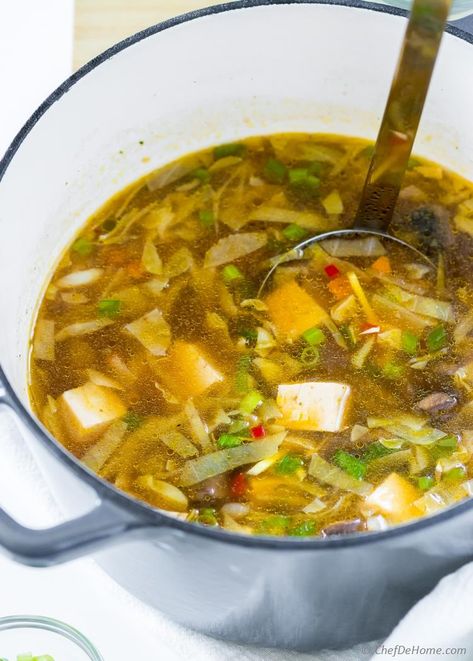 Easy Hot and Sour Soup Pot Easy Hot And Sour Soup, Seasonal Soups, Hot And Sour Soup Recipe, Meatless Soups, Sour Soup Recipe, Healthy Soup Vegetarian, Sour Cabbage, Hot And Sour Soup, Meatless Dinner