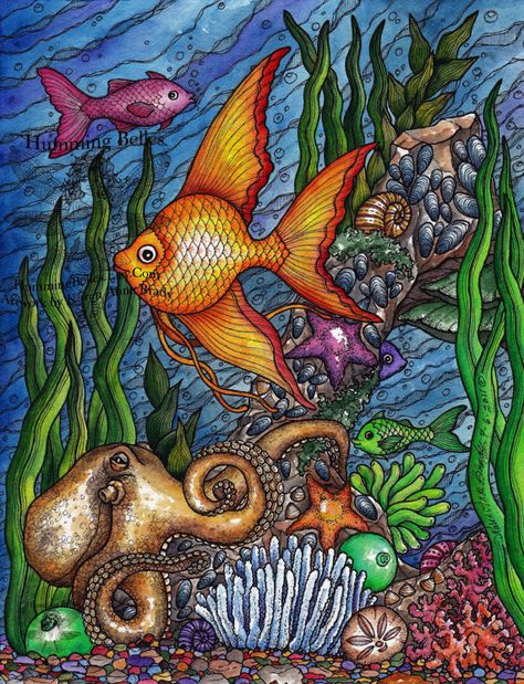 ACEO+Open+Edition+Print+Undersea+Panel+2+with+an+by+IrelandBrady,+$1.00 Underwater Scenes, Under Sea, Underwater Art, Free Adult Coloring Pages, Star Fish, Animal Coloring Books, Angel Fish, Animal Books, Fish Art