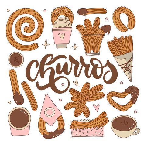 Set of different churros with chocolate sauce cups. Mexican sweet snack collection. Hand drawn contourvector illustration. Churro sticks in paper bag, bowl with hot chocolate. Retro design. Churro Tattoo, Churros Illustration, Churros Drawing, Churro Business, Churreria Ideas, Personalized School Supplies Labels, Churro Ice Cream, Snack Collection, Gem Logo