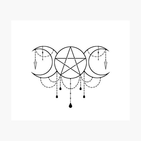 Simple Pentagram Tattoo, Triple Moon Pentacle Tattoo, Small Pentagram Tattoo, Hekate Tattoo Symbols, Fine Line Witch Tattoo, Pentacles Tattoo, Minimalist Witch Tattoo, Triple Moon Goddess Tattoo, Brenda Tattoo