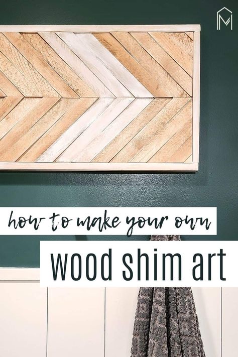 This wood wall art is cheap and easy to make with wood shims! #woodworking #wallart #DIY #walldecor #bohostyle Diy Chevron Wall Art, Shims Wall Art, Diy Large Wood Wall Art, Diy Wood Wall Art Easy, Simple Wood Wall Art, Paint Stick Crafts Diy Projects Wall Art, Diy Wood Wall Decor Craft Ideas, Wood Shims Projects Ideas, Diy Wood Art Wall Decor