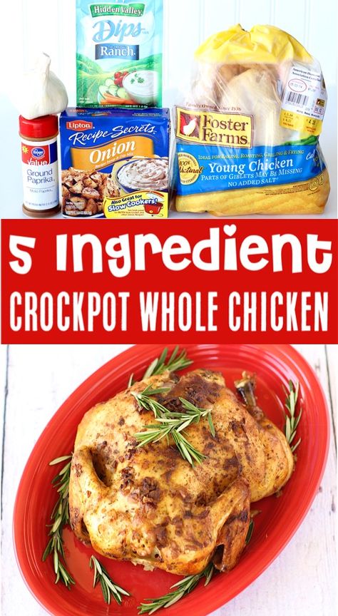 Crockpot Ranch Onion Whole Chicken Recipe {5 Ingredients} 5 Ingredient Crockpot Recipes, Crockpot Whole Chicken Recipes, Crockpot Whole Chicken, Whole Chicken Recipe, Chicken Crockpot Recipes Easy, Vegetarian Crockpot Recipes, Whole Chicken Recipes, Easy Crockpot Chicken, Easy Dinner Recipes Crockpot