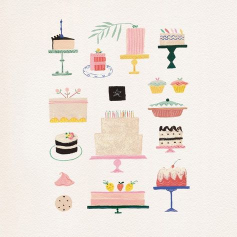 Emily Isabella (@emilymisabella) on Instagram: “16 Sweets for a Sweet 16th. @backinthedaybakery” Emily Isabella, Drink Illustration, Cake Wallpaper, Illustrated Recipe, Cake Illustration, Relief Print, Gifts For Photographers, Illustration Style, Food Illustration