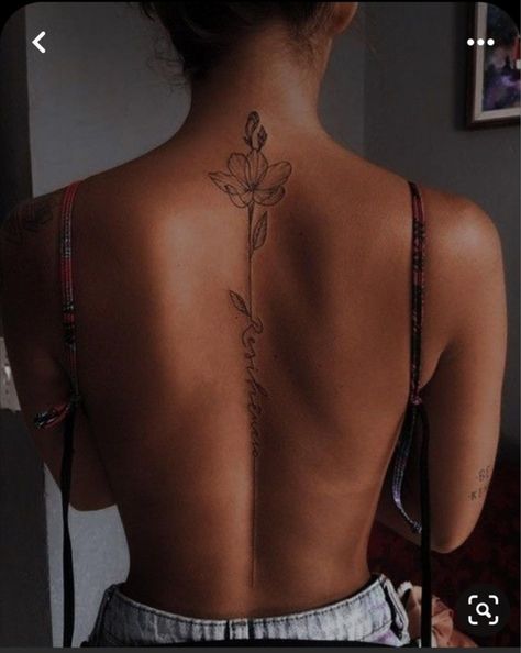 Delicate Flower Back Tattoo, Resilience Flower Tattoo, Peony Spine Tattoo, Long Back Tattoos For Women, Rose Spine Tattoos For Women, Delicate Back Tattoo Women, Lily Back Tattoo, Simple Back Tattoo Women, Back Flower Tattoo