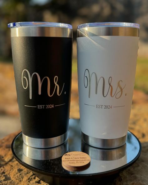 Order yours now! #mr #mrs #cups #personalized #mxlasereddesigns #personalizedgifts #weddingparty #couple #newlyweds #newlyweds💍 #newlymarried #weddinggift #weddinggiftsidea #weddinggiftsideas Bride And Groom Cups, Bride Tumbler, Engraved Tumblers, Personalized Bride, Wedding Gifts For Couples, Mug Personalized, Party Cups, Ideal Wedding, Wedding Party Favors